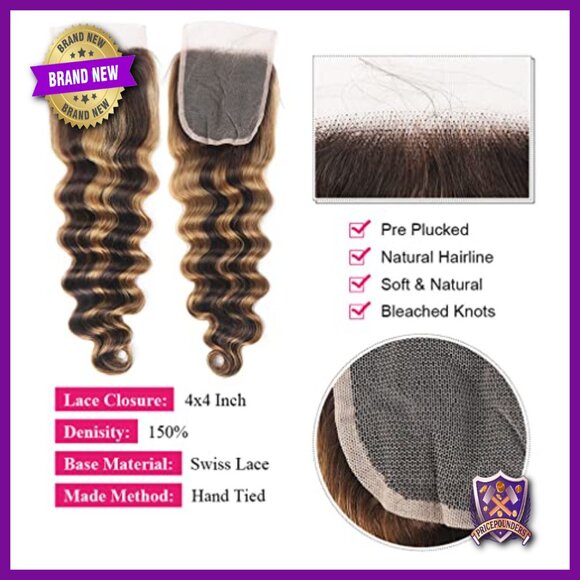 Brazilian Human Hair Bundles with Lace Closure Deep Wave 16 Inch